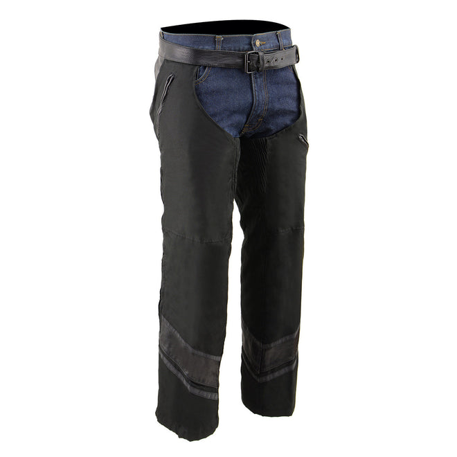 Milwaukee Leather men's black vented textile chaps with leather trim, featuring a secure waistband and durable protective design.