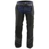 Milwaukee Leather men's black vented textile chaps with leather trim, designed for motorcycle riding comfort and protection.