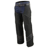 Milwaukee Leather men's black vented textile chaps with leather trim, featuring a secure waist strap and rugged design.