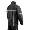 Milwaukee Leather men's black water-resistant motorcycle rain suit with hi-vis reflective tape, shown on a mannequin.