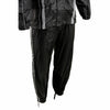 Milwaukee Leather men's black water-resistant motorcycle rain suit with hi-vis reflective tape, shown on a model.