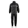Milwaukee Leather black waterproof motorcycle rain suit with hi-vis reflective tape, designed for men's riding protection.
