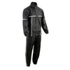 Milwaukee Leather men's black water-resistant motorcycle rain suit with hi-vis reflective tape, designed for weather protection and visibility.