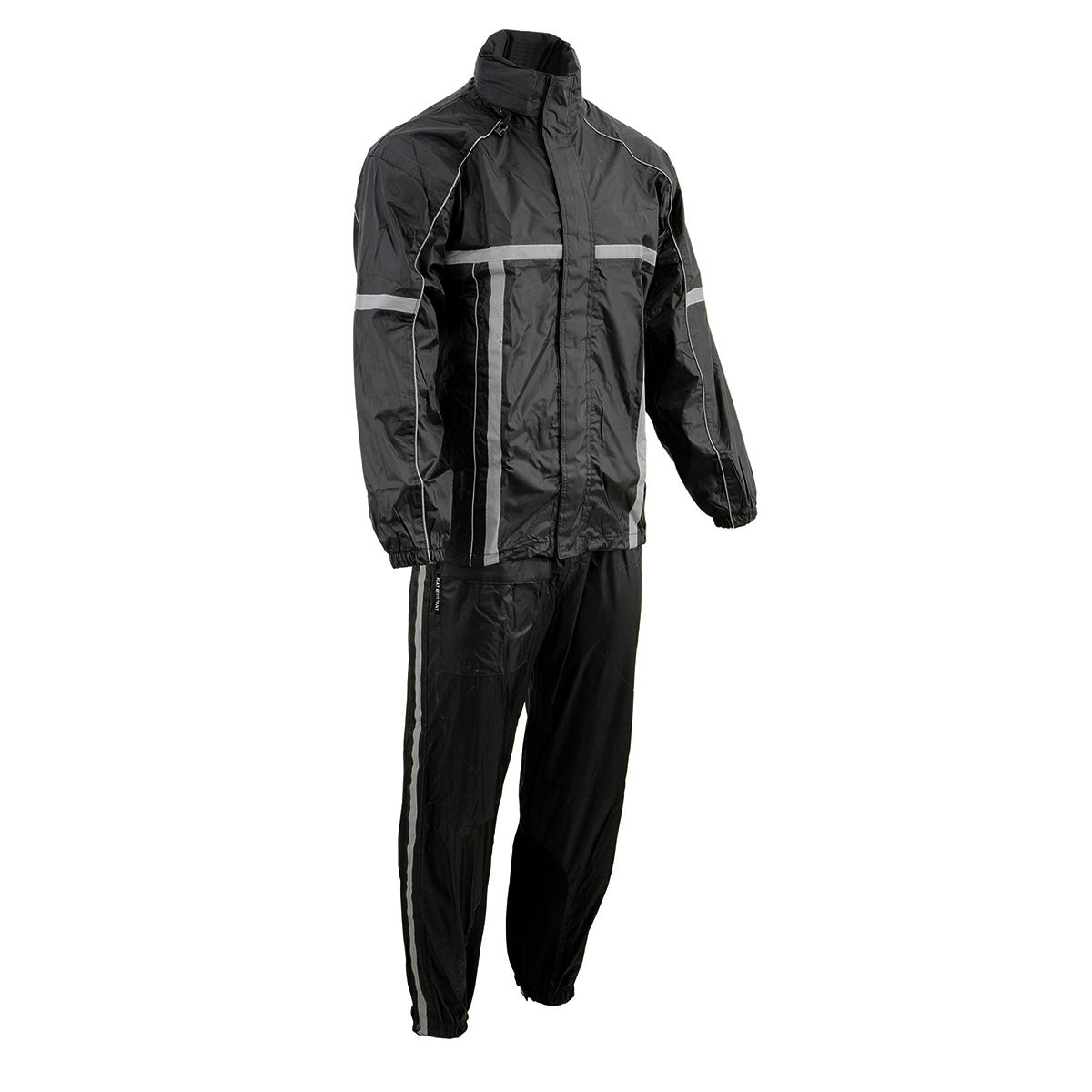 Milwaukee Leather men's black water-resistant motorcycle rain suit with hi-vis reflective tape, designed for weather protection and visibility.