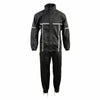 Milwaukee Leather men's black water-resistant motorcycle rain suit with hi-vis reflective tape, shown on a model outdoors.