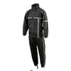 Milwaukee Leather men's black water-resistant motorcycle rain suit with hi-vis reflective tape, shown with jacket and pants.