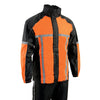 Milwaukee Leather men's black and orange waterproof motorcycle rain suit with hi-vis reflective tape, designed for riding visibility.