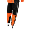 Milwaukee Leather men's black and orange motorcycle rain suit with reflective tape, water-resistant fabric, and high-visibility accents.