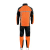 Milwaukee Leather men's black and orange motorcycle rain suit with hi-vis reflective tape, water-resistant fabric, and full coverage.