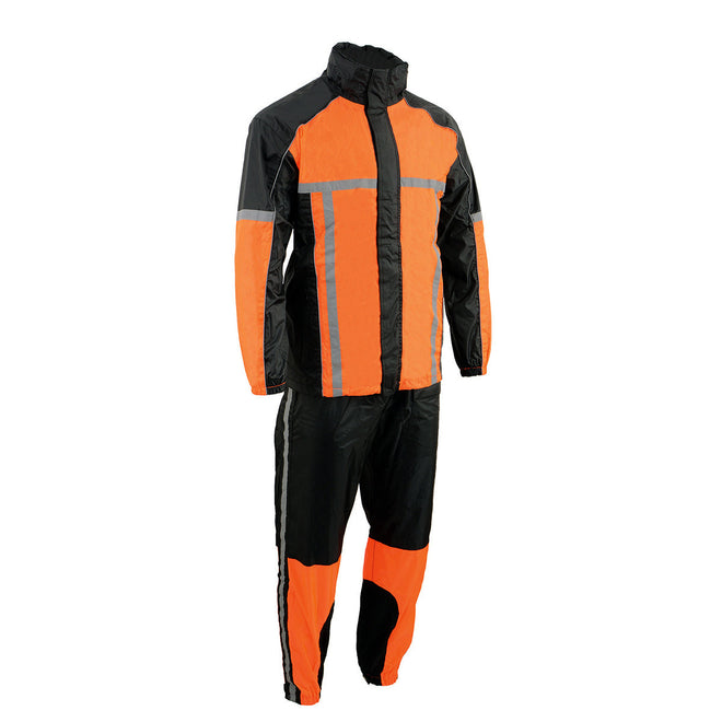 Milwaukee Leather men's black and orange motorcycle rain suit with hi-vis reflective tape, water-resistant fabric, and adjustable hood.