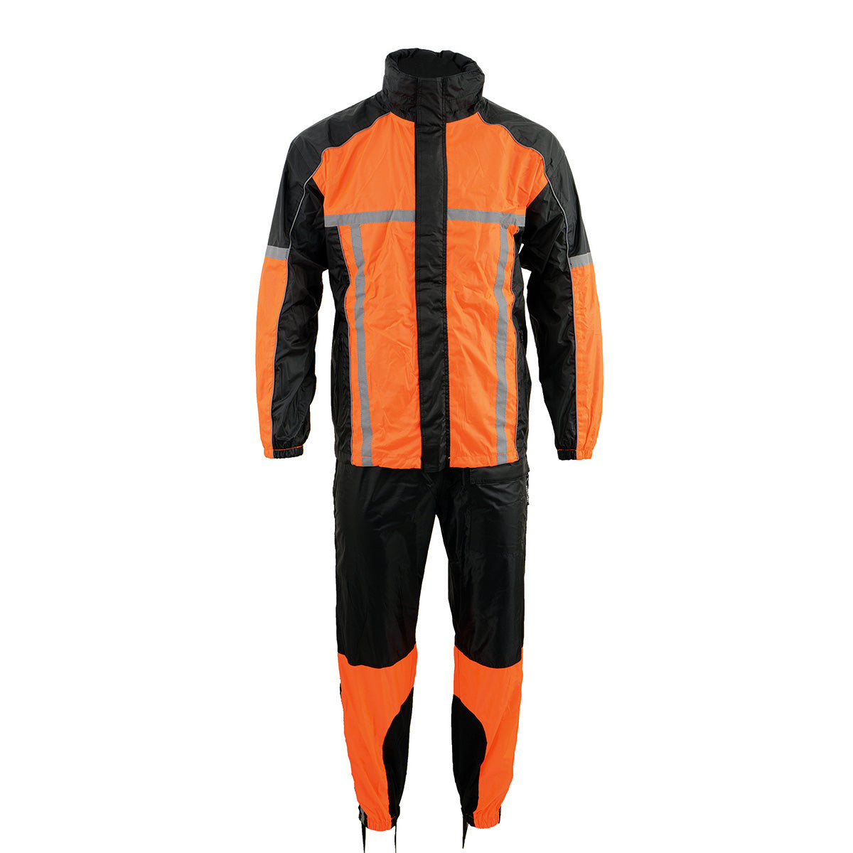 Milwaukee Leather men's black and orange motorcycle rain suit with water resistance and hi-vis reflective tape, shown on a model.