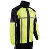 Milwaukee Leather men's black and neon green motorcycle rain suit with reflective tape, water-resistant and hi-vis for visibility.