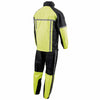 Milwaukee Leather men's black and neon green motorcycle rain suit with water resistance and hi-vis reflective tape, front view.