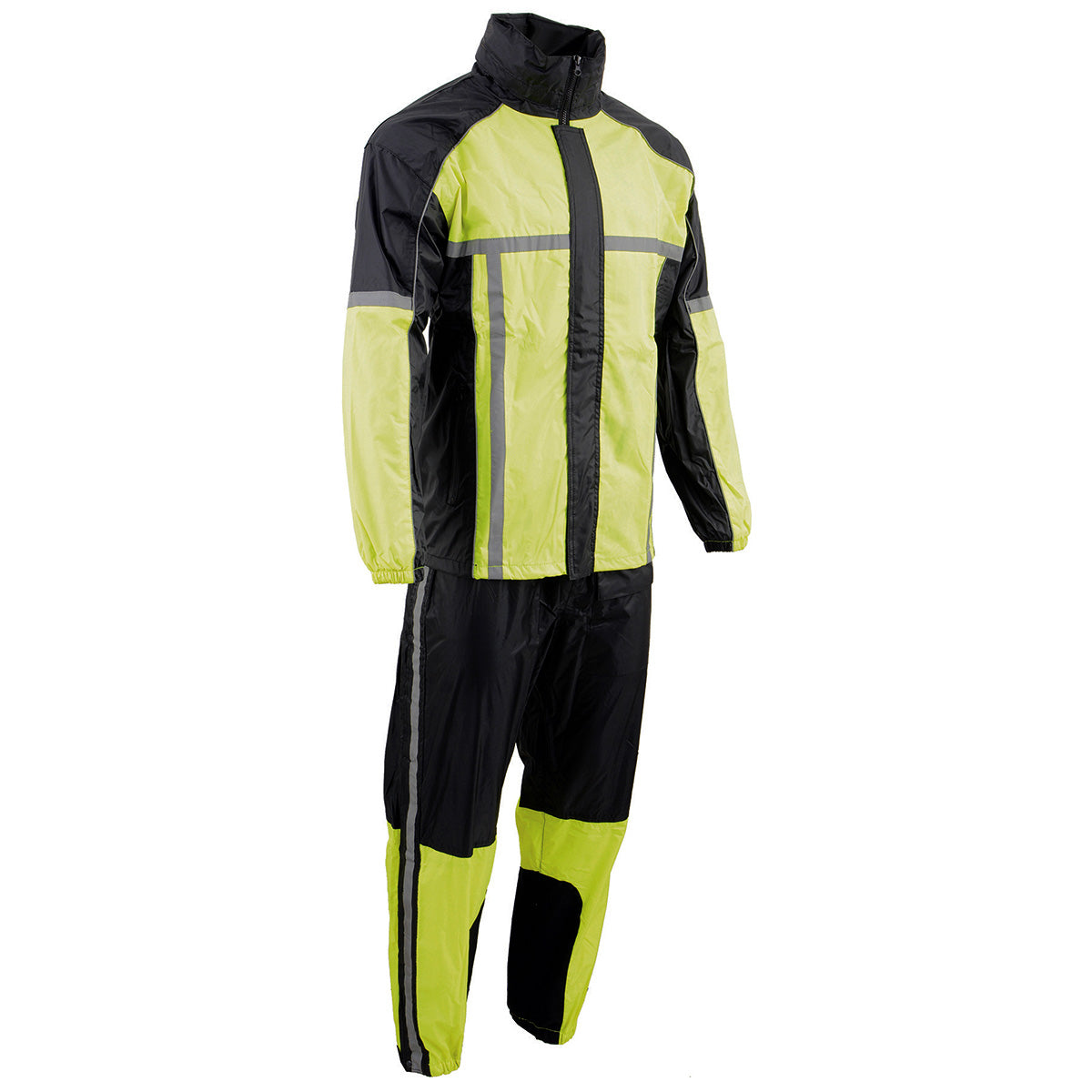 Milwaukee Leather men's black and neon green motorcycle rain suit with water resistance and high-vis reflective tape.