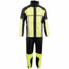 Milwaukee Leather men's black and neon green motorcycle rain suit with water resistance and hi-vis reflective tape, front view.