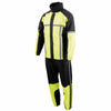 Milwaukee Leather men's black and neon green motorcycle rain suit with water resistance and reflective tape for high visibility.