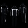Milwaukee Leather men's black water-resistant motorcycle rain suit with hi-vis reflective tape, shown from the back with dual design details.