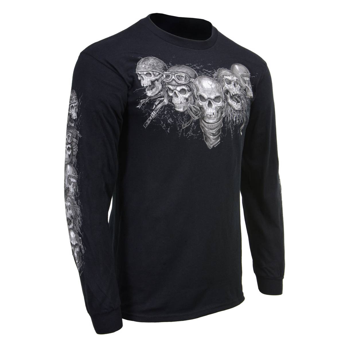 Black Milwaukee Leather men's long sleeve T-shirt with five skulls graphic, featuring the HighwayLeather brand logo.