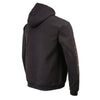 Black men's leather hoodie with Celtic cross pocket detail from Milwaukee Leather, styled with a focus on the textile clothing design.