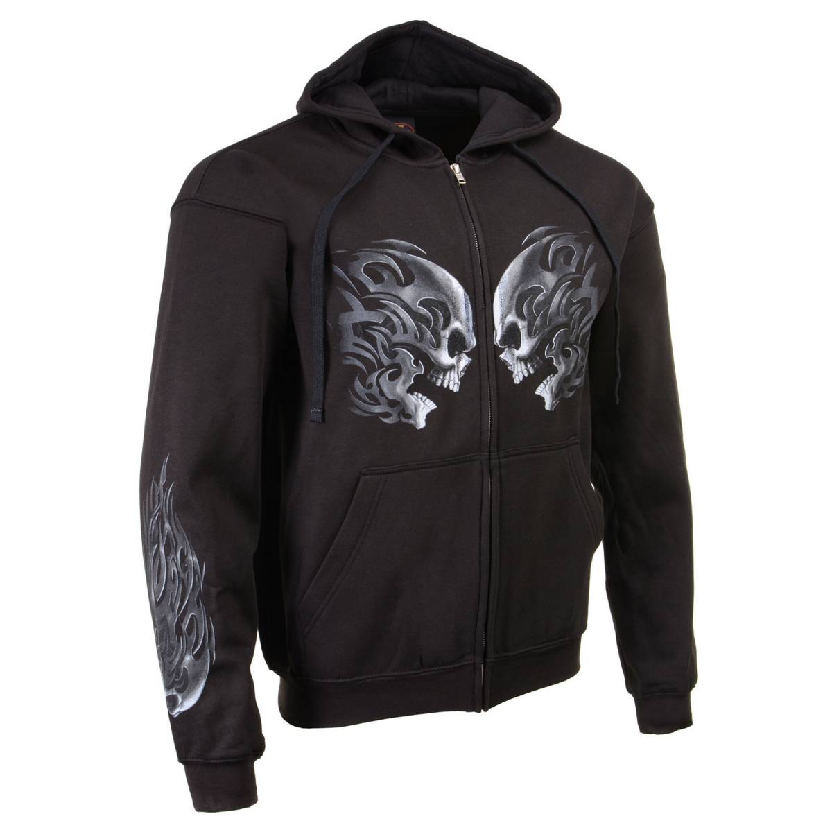 Milwaukee Leather men's black hoodie with zipper closure featuring skull and head butt graphic, made by HighwayLeather.