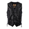 Milwaukee Leather men's black leather motorcycle vest with side lacing, front view, rugged and stylish motorcycle apparel.