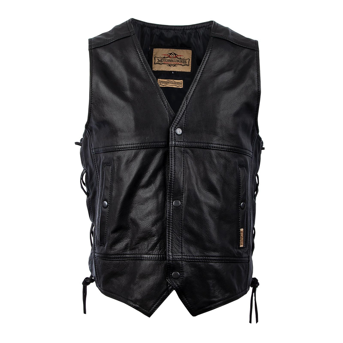 Milwaukee Leather men's black leather motorcycle vest with side lacing, front view, rugged and stylish motorcycle apparel.