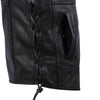 Milwaukee Leather men's black leather motorcycle vest with side laces, featuring detailed lacing on the front.