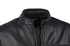 Milwaukee Leather men's black motorcycle leather jacket with a scoter collar, front view with unbuttoned design.