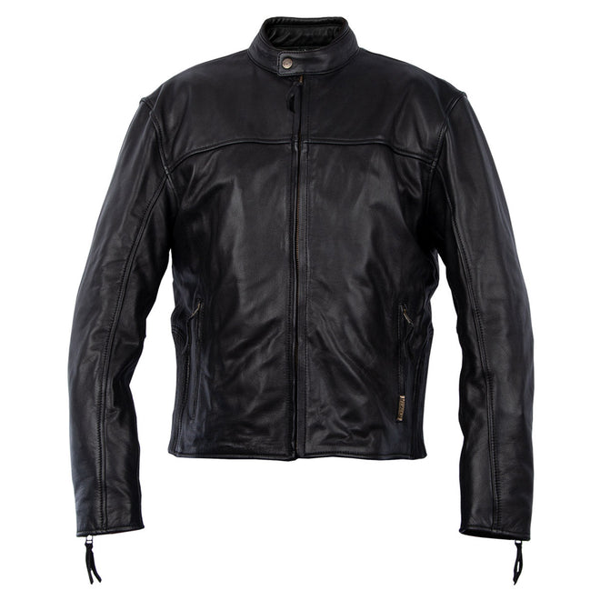 Milwaukee Leather MV5020 men's black motorcycle leather jacket with scooter collar, front view, stylish and durable men's motorcycle jacket.