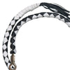 Hot Leathers Get Back leather whip in black and white with braided handle, genuine leather, designed for professional use.