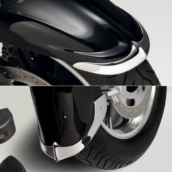Close Out National Cycle 552779 cast chrome front fender tip for Kawasaki motorcycle, showcasing shiny chrome finish and detailed design.