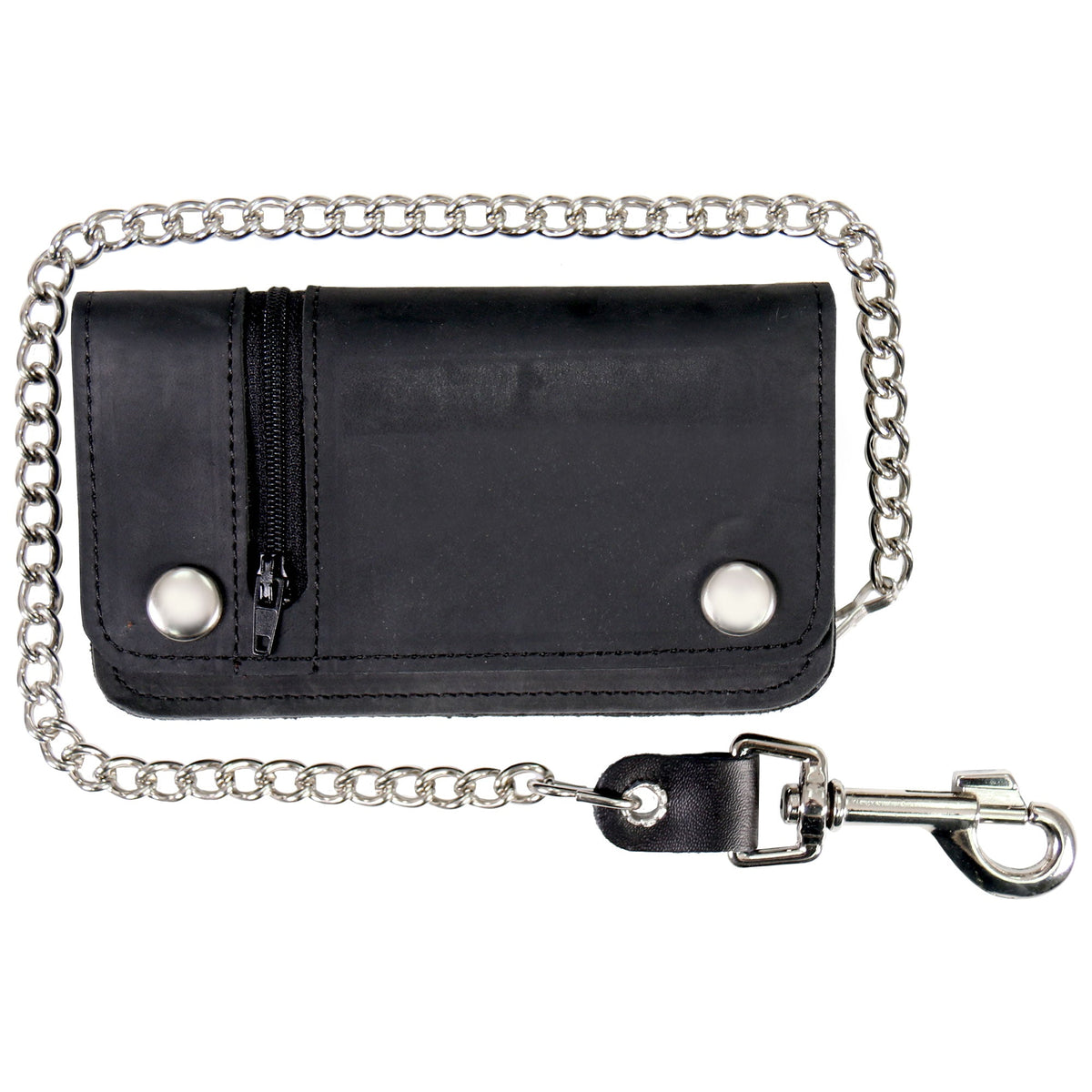 Hot Leathers black naked leather wallet with change pocket and chain, featuring a simple, durable design for everyday use.