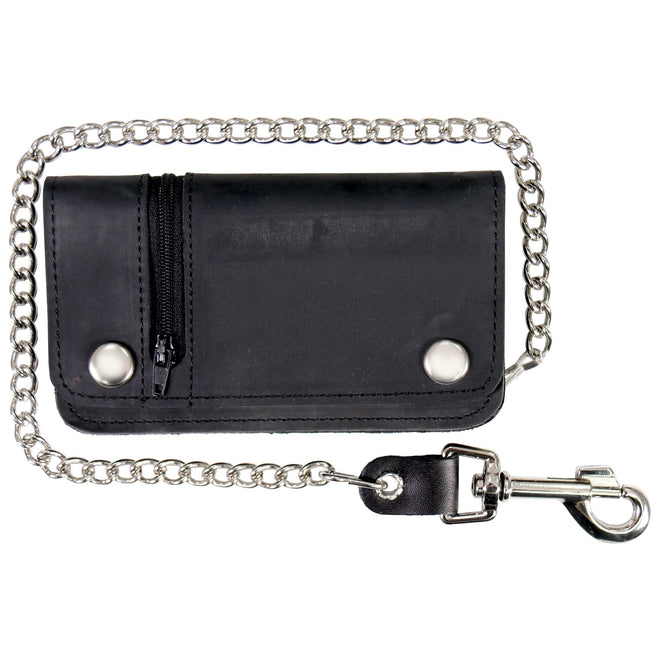 Hot Leathers black naked leather wallet with change pocket and chain, featuring a simple, durable design for everyday use.