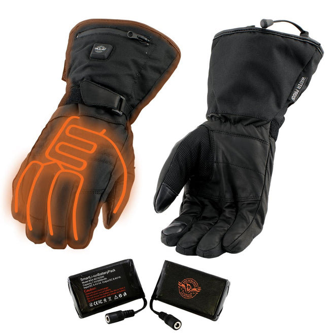 Milwaukee Leather Nexgen Heat NXG17501SET men's heated motorcycle gloves in black leather and textile with battery and harness wire.
