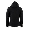 Milwaukee Leather women's black heated soft shell jacket with ruffles and detachable hood, designed for hiking, with battery-powered heating.