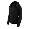 Milwaukee Leather Nexgen Heat NXL2767SET women's black ruffled heated soft shell jacket with detachable hood for hiking, battery included.