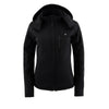 Milwaukee Leather women's black heated soft shell jacket with ruffles, detachable hood, and battery for hiking comfort.