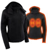 Milwaukee Leather women's black heated soft shell jacket with ruffles, detachable hood, and battery for outdoor hiking.