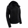 Milwaukee Leather Nexgen Heat NXL2767SET women's black ruffled heated soft shell jacket with detachable hood, suitable for hiking.
