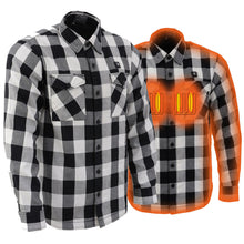 Milwaukee Leather Nexgen Heat Men's NXM1601SET heated flannel sleeve shirt in black, grey, and white with battery for outdoor use.