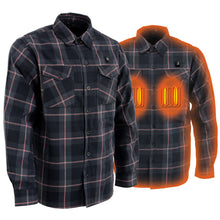 Milwaukee Leather NexGen Heat Men's Riffraff heated flannel shirt in black, grey, and red with battery for outdoor warmth.