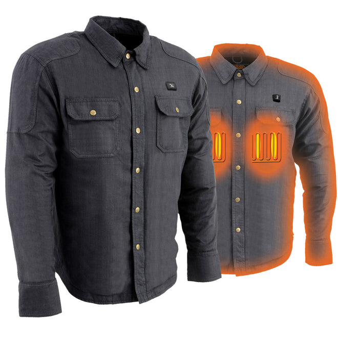 Milwaukee Leather Nexgen Heat NXM1715SET men's grey heated cotton denim jacket with battery pack for outdoor wear.