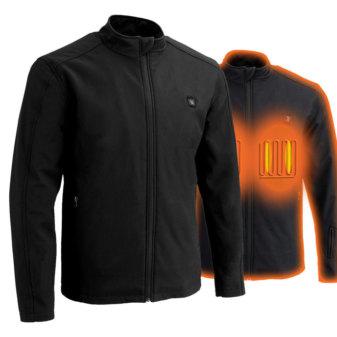 Milwaukee Leather Nexgen Heat NXM1762SET men's black soft shell heated jacket with stand-up collar and battery pack, front view.