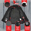 Milwaukee Leather Nexgen Heat NXL2767SET women's black ruffled heated soft shell jacket with detachable hood, shown with interior details.