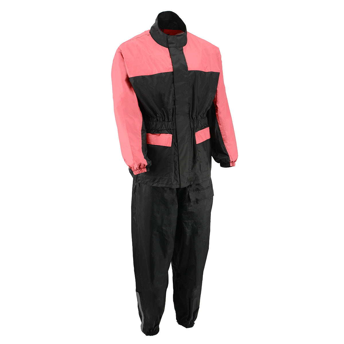 Milwaukee Leather women's pink and black waterproof rain suit with cinch sides, ideal for wet weather protection.