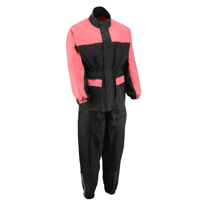 Milwaukee Leather women's pink and black waterproof rain suit with cinch sides, ideal for wet weather protection.