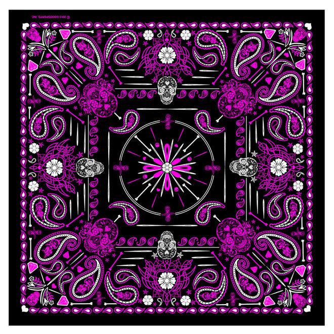 Pink paisley skulls bandana by Hot Leathers featuring bold skull and paisley pattern on soft fabric.