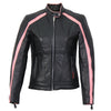 Hot Leathers women's pink striped leather jacket with reflective piping, showcasing stylish leather design and vibrant color.