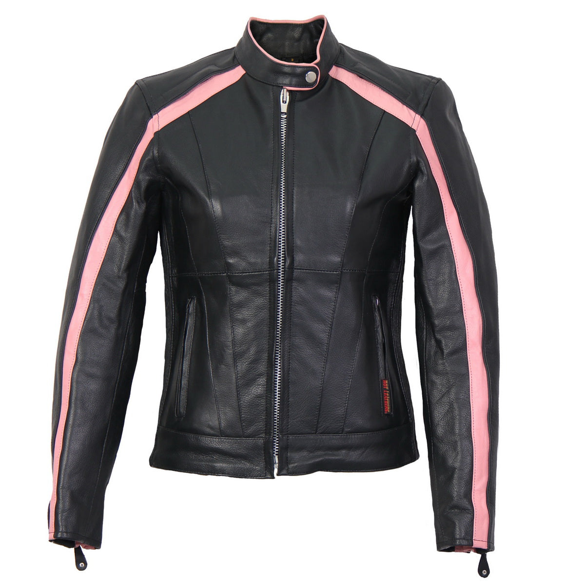 Hot Leathers women's pink striped leather jacket with reflective piping, showcasing stylish leather design and vibrant color.
