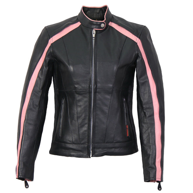 Hot Leathers women's pink striped leather jacket with reflective piping, showcasing stylish leather design and vibrant color.